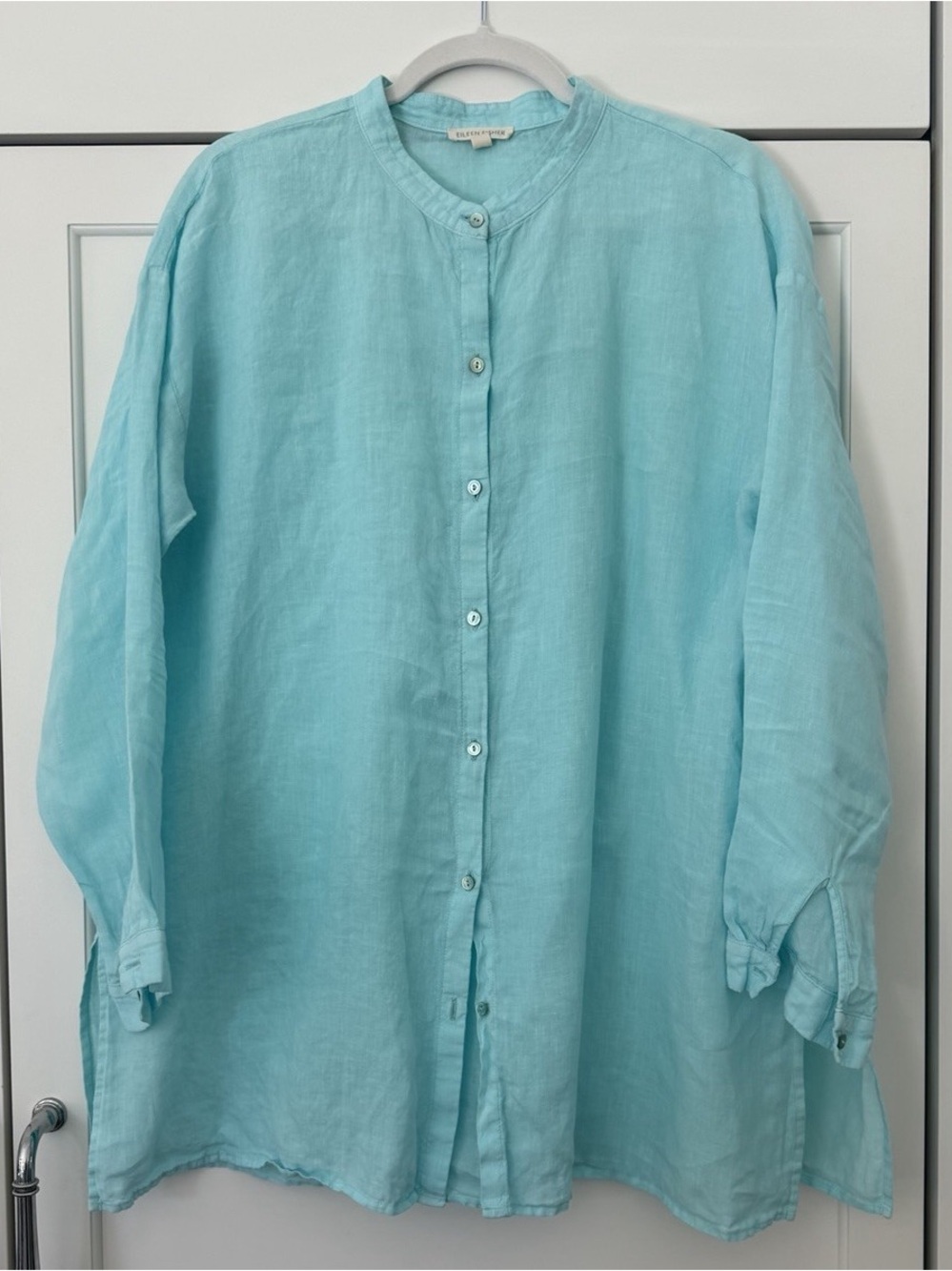 Eileen Fisher Organic Linen Button Front Long Sleeve Shirt Blue